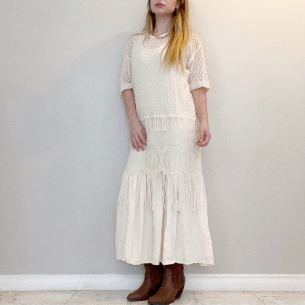 VINTAGE Sharon Anthony Cream Crochet Bohemian Layered Fringe Midi Dress, Sz 10